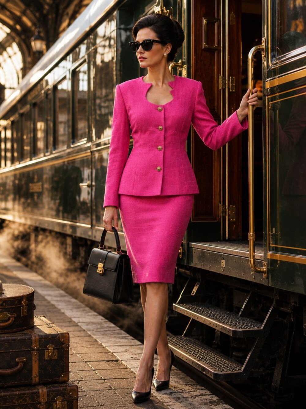 Vintage Hot Pink 100% Silk Skirt Suit Size 14 Karen Nicole New York 2-Piece